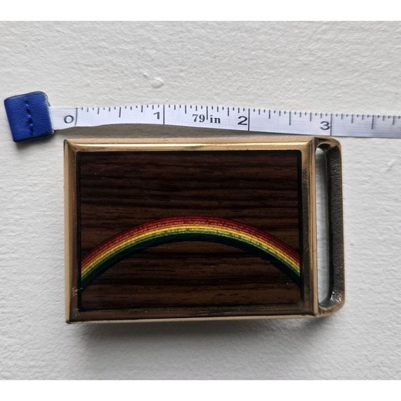 Vintage Tech Ether Guild Solid Brass Rainbow Belt Buckle 1970s Boho Hippie Wood